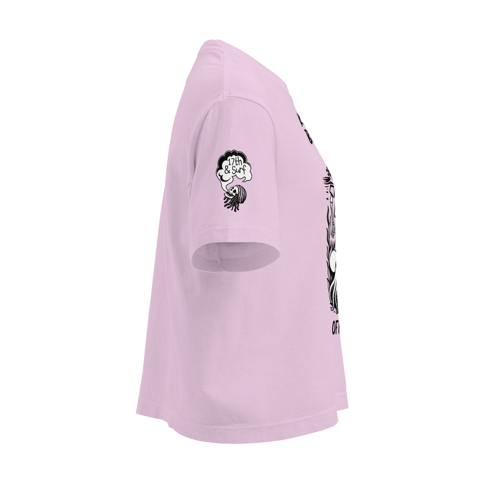 "Keep Your Butts Off The Beach" women's heavyweight boxy tee right angle in orchid pink showing small smoking-skull sleeve logo with "17th & Surf" cloud - 17th & Surf