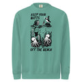 "Keep Your Butts Off The Beach" heavyweight crewneck sweatshirt front view in seafoam featuring skeleton lighting a cigarette for a puffin with octopuses in seaweed and "Keep Your Butts Off The Beach" text graphic - 17th & Surf