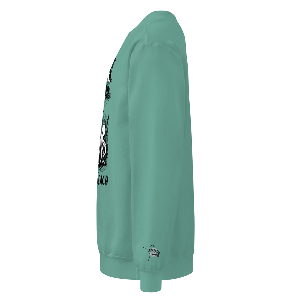 "Keep Your Butts Off The Beach" heavyweight crewneck sweatshirt side view in seafoam showing skeleton and octopus graphic edge with small smoking-skull sleeve logo - 17th & Surf