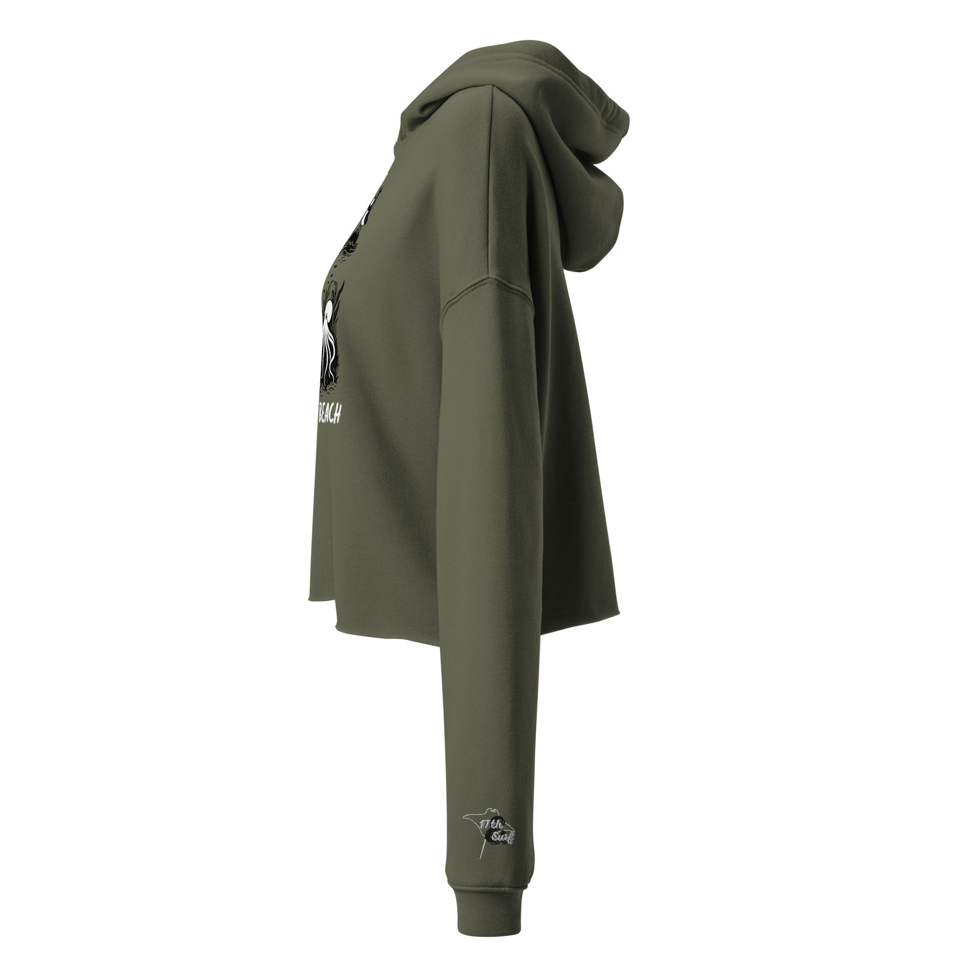 "Keep Your Butts Off The Beach" cropped hoodie in military green, side profile view, showing the hood shape and embroidered stingray logo on the sleeve – 17th & Surf