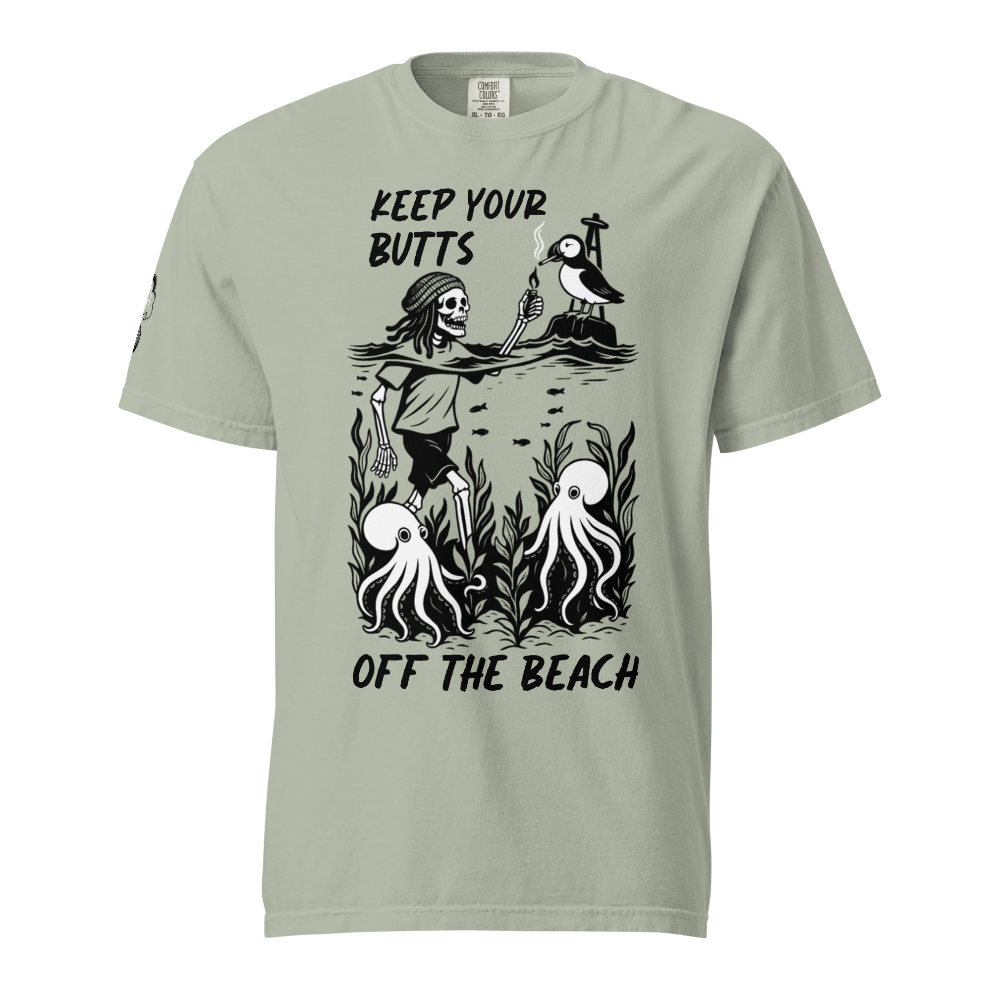 "Keep Your Butts Off The Beach" front print garment-dyed heavyweight tee front view in bay second angle featuring skeleton lighting a cigarette for a puffin with octopuses in seaweed graphic - 17th & Surf