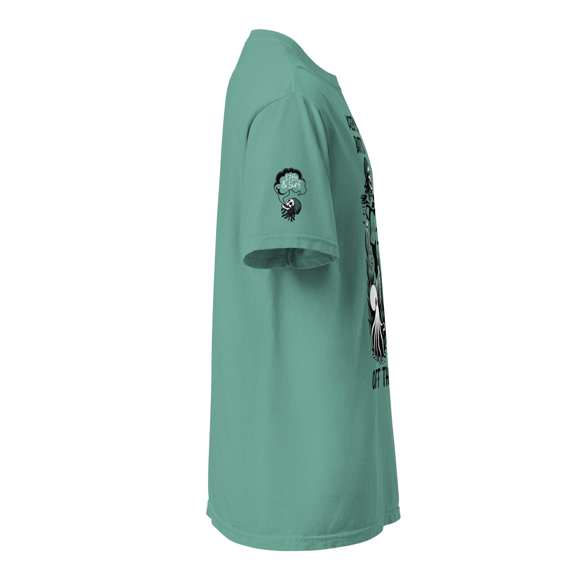 "Keep Your Butts Off The Beach" front print garment-dyed heavyweight tee right angle in seafoam showing skeleton lighting a cigarette for a puffin with octopuses in seaweed graphic and small smoking-skull sleeve logo - 17th & Surf