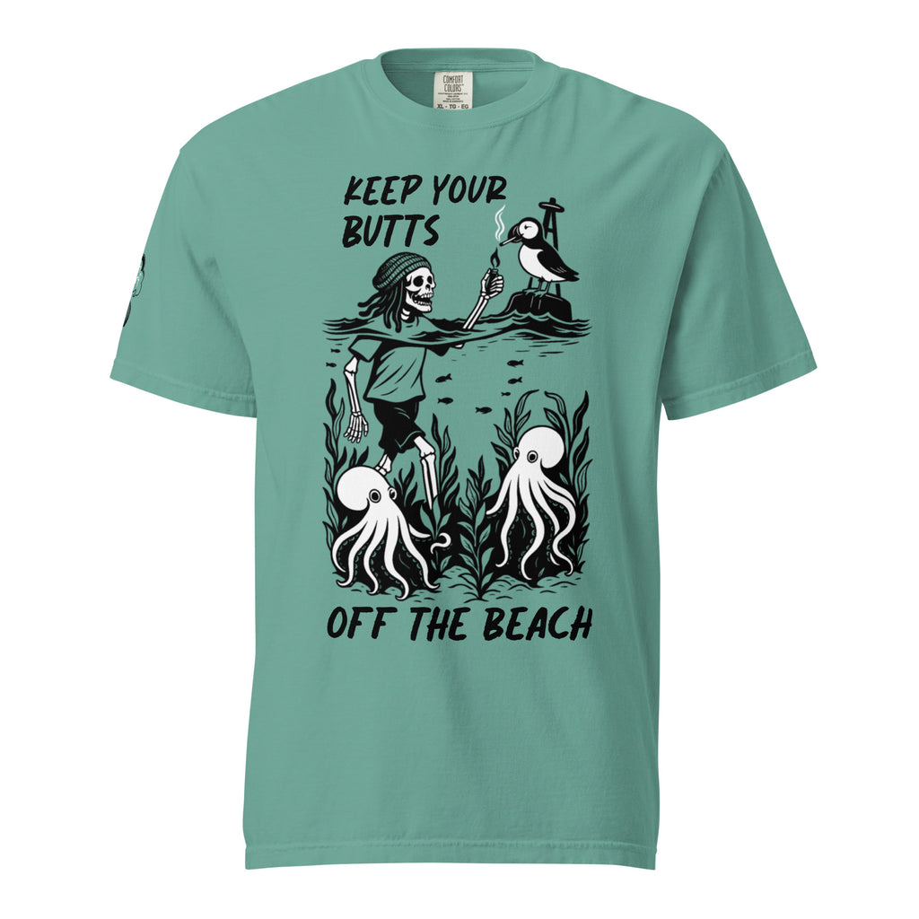 "Keep Your Butts Off The Beach" front print garment-dyed heavyweight tee front view in seafoam featuring skeleton lighting a cigarette for a puffin with octopuses in seaweed and "Keep Your Butts Off The Beach" text graphic - 17th & Surf