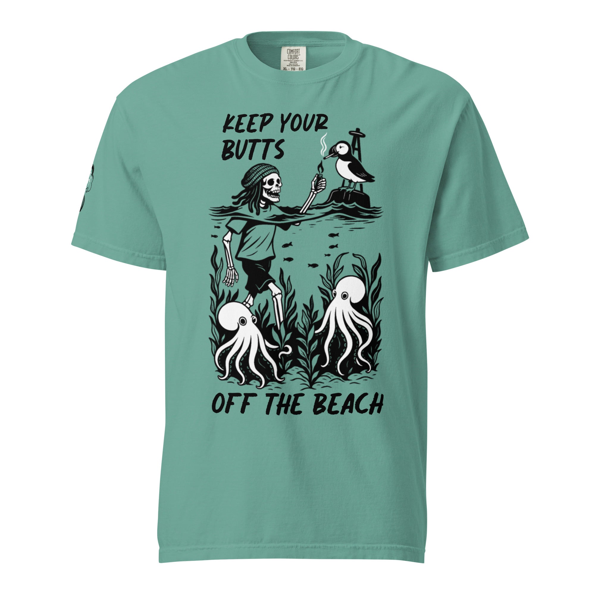 "Keep Your Butts Off The Beach" front print garment-dyed heavyweight tee front view in seafoam featuring skeleton lighting a cigarette for a puffin with octopuses in seaweed and "Keep Your Butts Off The Beach" text graphic - 17th & Surf