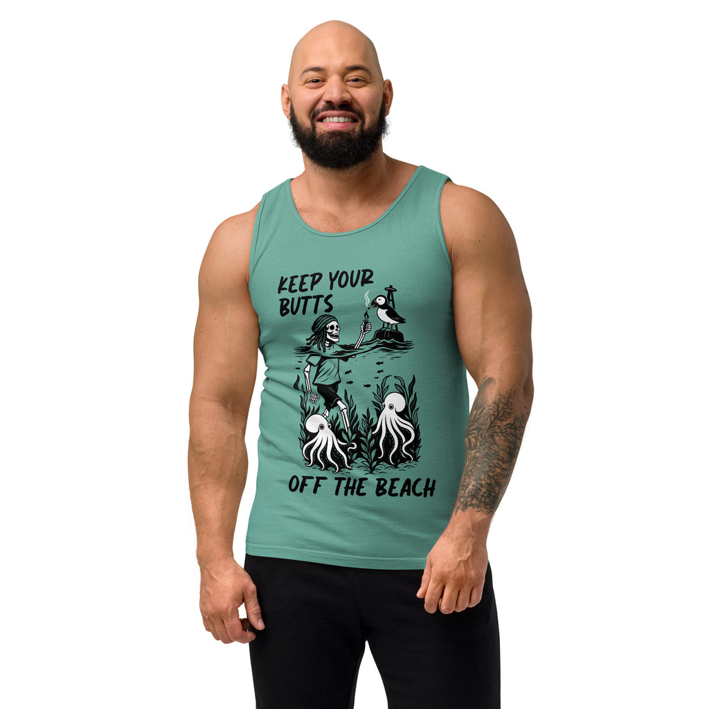 "Keep Your Butts Off The Beach" garment-dyed tank top front view in seafoam on model featuring skeleton lighting a cigarette for a puffin with octopuses in seaweed graphic - 17th & Surf