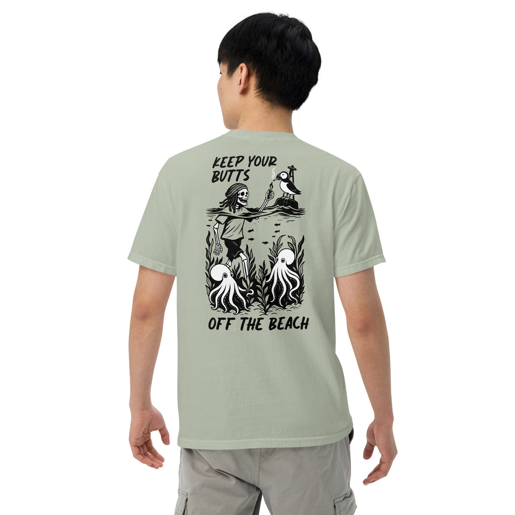 "Keep Your Butts Off The Beach" garment-dyed heavyweight tee back angle in bay showing skeleton lighting a cigarette for a puffin with octopuses in seaweed graphic - 17th & Surf