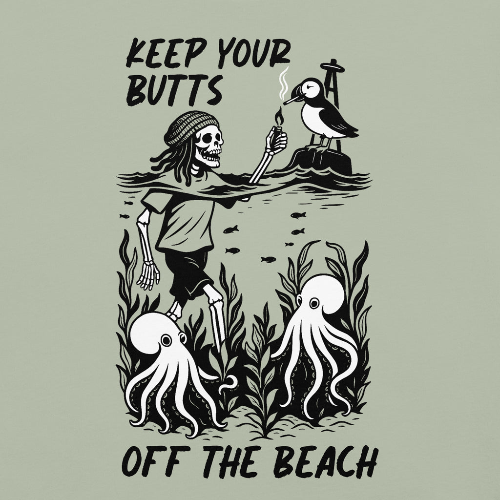 "Keep Your Butts Off The Beach" garment-dyed heavyweight tee back view in bay featuring skeleton lighting a cigarette for a puffin with octopuses in seaweed and "Keep Your Butts Off The Beach" text graphic - 17th & Surf