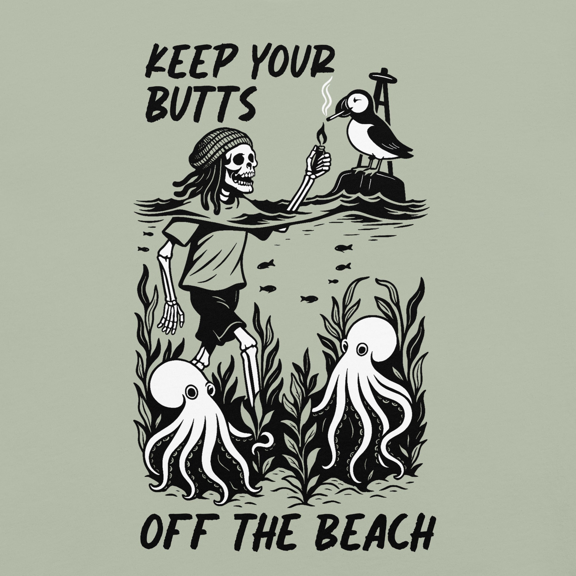 "Keep Your Butts Off The Beach" garment-dyed heavyweight tee back view in bay featuring skeleton lighting a cigarette for a puffin with octopuses in seaweed and "Keep Your Butts Off The Beach" text graphic - 17th & Surf