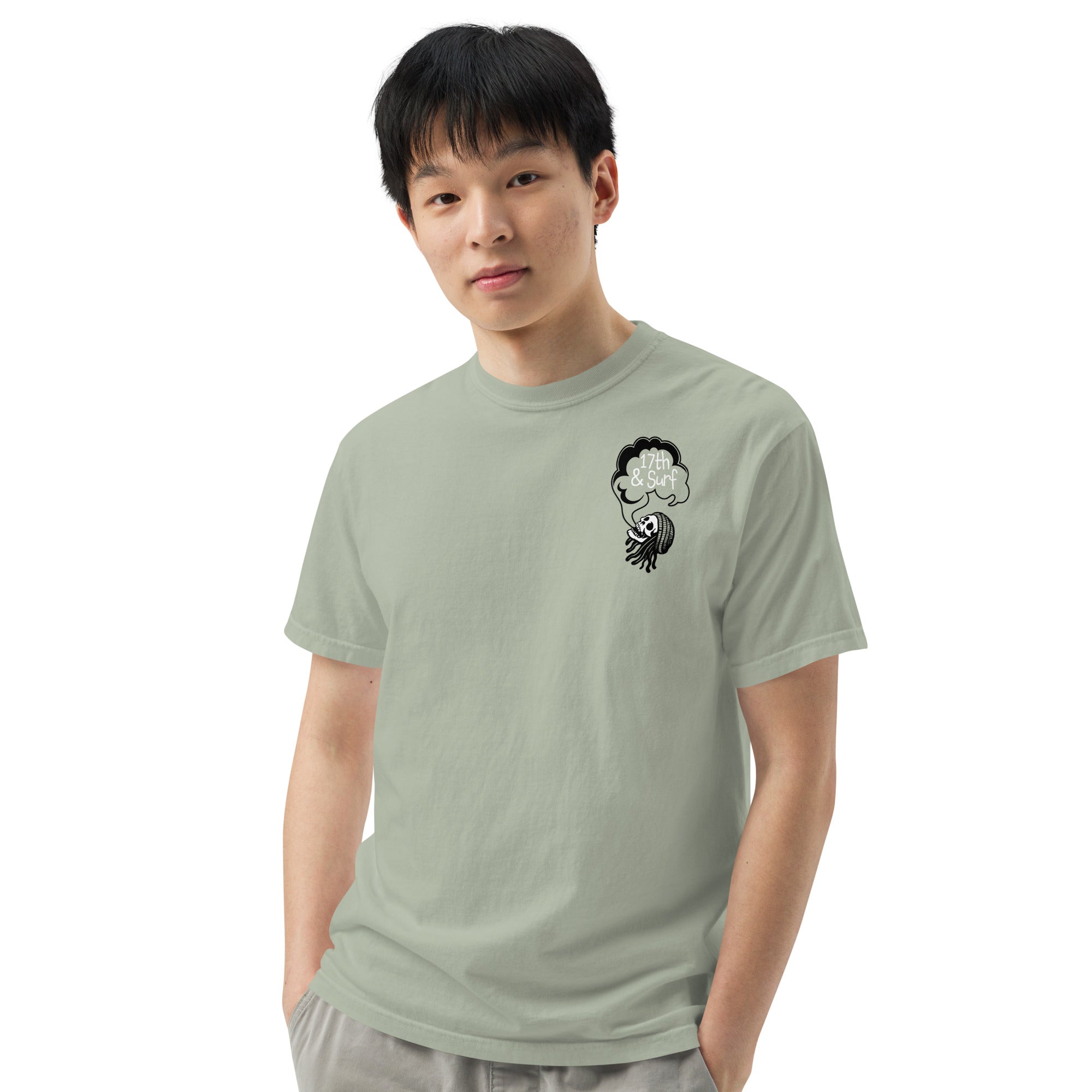 "Keep Your Butts Off The Beach" garment-dyed heavyweight tee front view in bay showing small smoking-skull chest logo with "17th & Surf" cloud - 17th & Surf