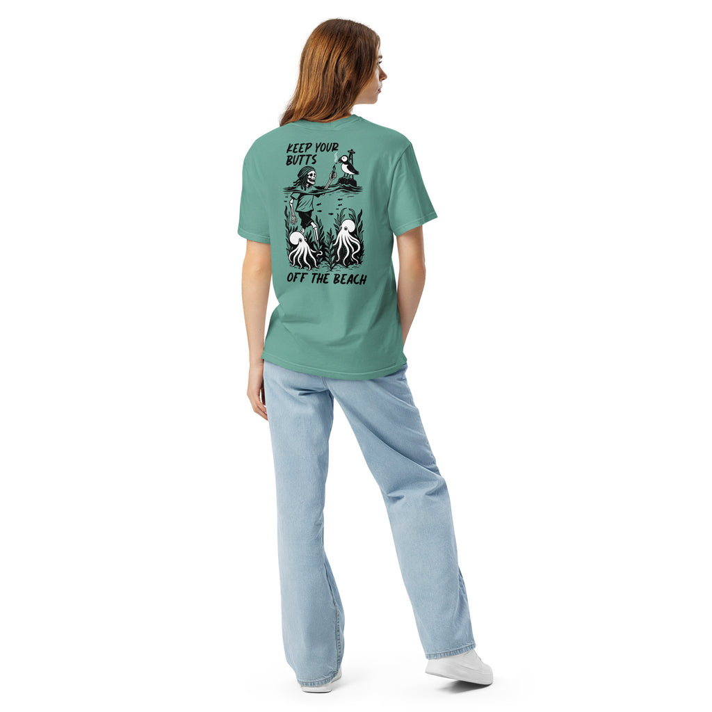 "Keep Your Butts Off The Beach" garment-dyed heavyweight tee back second angle in seafoam showing skeleton lighting a cigarette for a puffin with octopuses in seaweed graphic - 17th & Surf