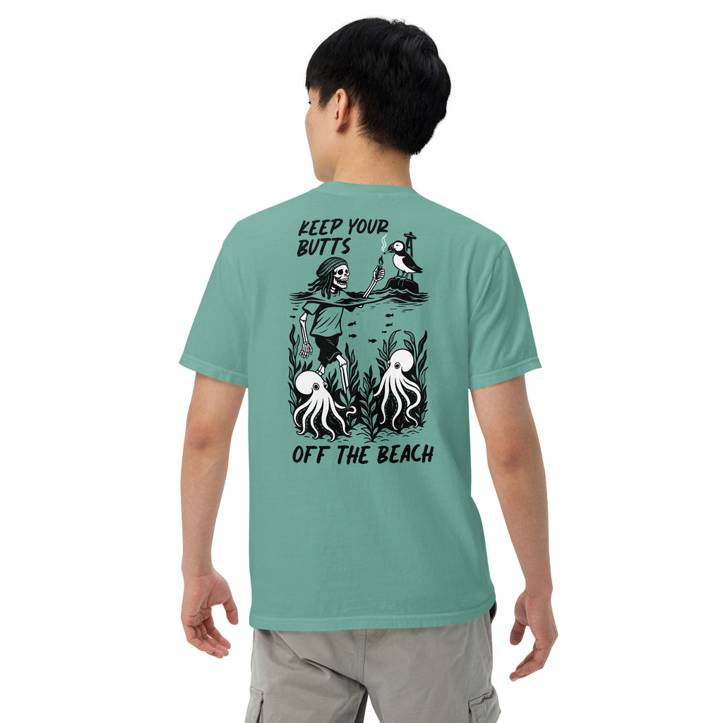 "Keep Your Butts Off The Beach" garment-dyed heavyweight tee back angle in seafoam showing skeleton lighting a cigarette for a puffin with octopuses in seaweed graphic - 17th & Surf