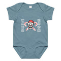 "Candy Cane Crossbones" baby short sleeve onesie in vintage indigo, front view featuring "17th & Surf" skull logo wearing a Santa hat with crossed candy canes and alphabet block lettering spelling "17TH" and "SURF" – 17th & Surf