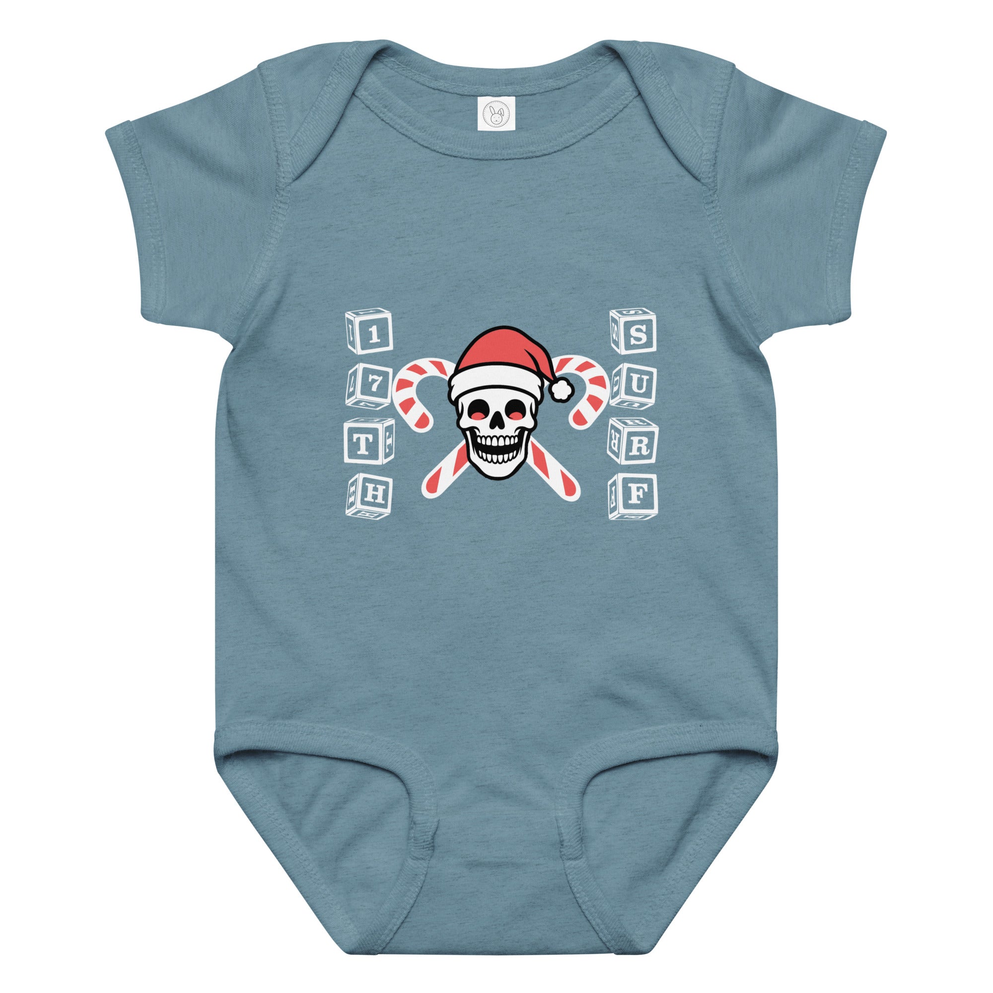 "Candy Cane Crossbones" baby short sleeve onesie in vintage indigo, front view featuring "17th & Surf" skull logo wearing a Santa hat with crossed candy canes and alphabet block lettering spelling "17TH" and "SURF" – 17th & Surf