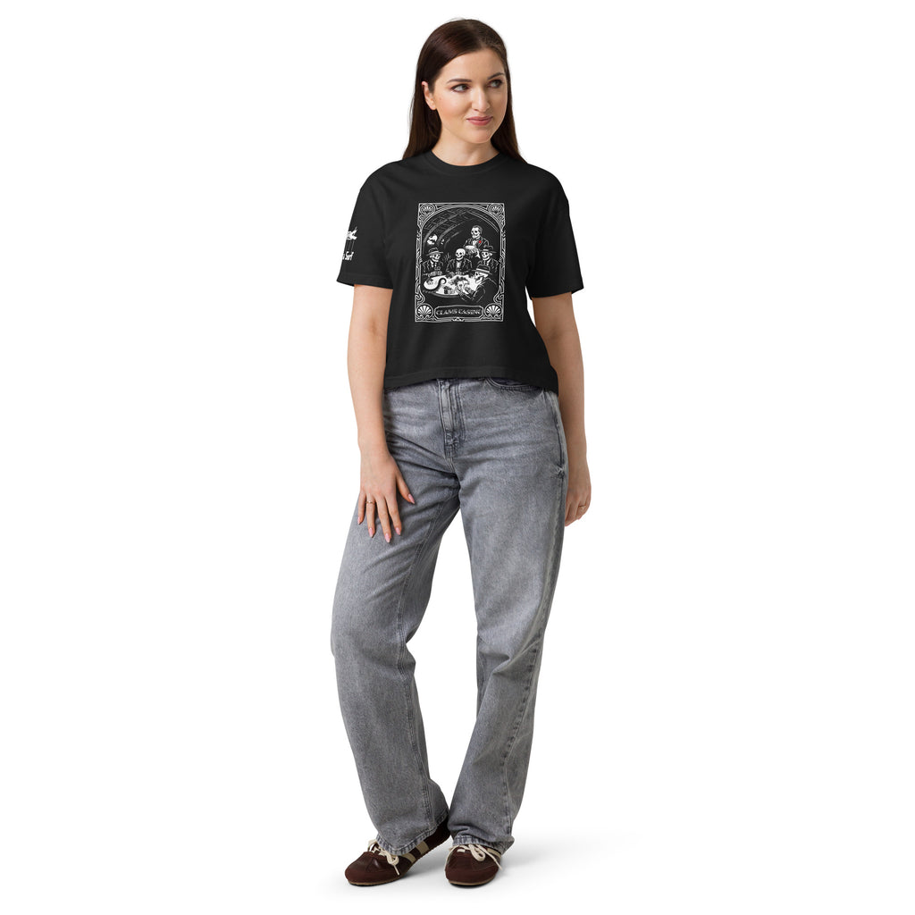 "Clam's Casino" women's heavyweight boxy tee in ivory, front view, featuring the large art nouveau "CLAMS CASINO" poker scene with skeleton mobsters, a tuxedo-clad Don holding a catfish, and an octopus tentacle reaching across the table – Clam's Casino Series by 17th & Surf
