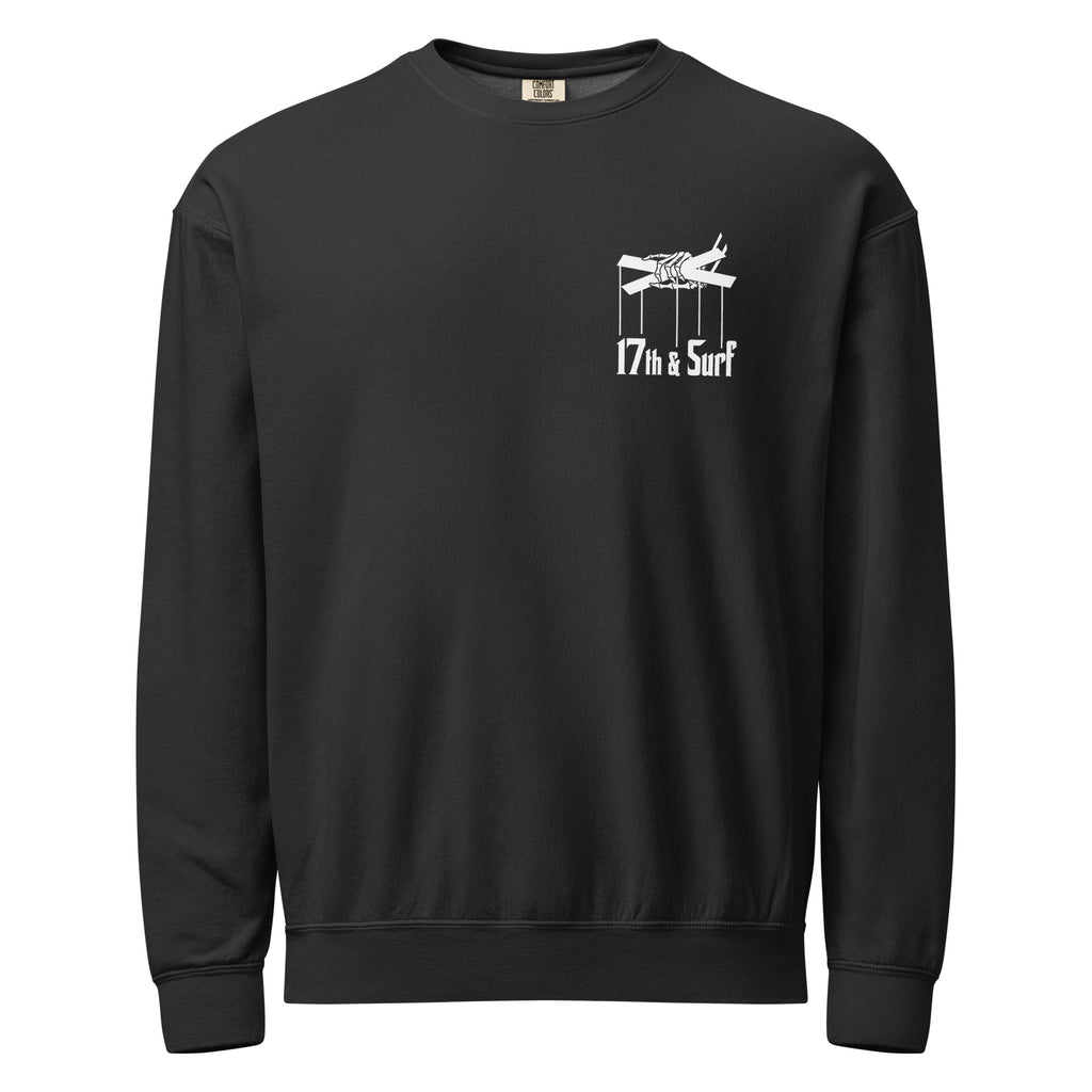 "Clam's Casino" lightweight crewneck sweatshirt in black, front view, featuring the small "17th & Surf" skeletal puppeteer-hand logo on the chest – Clam's Casino Series by 17th & Surf