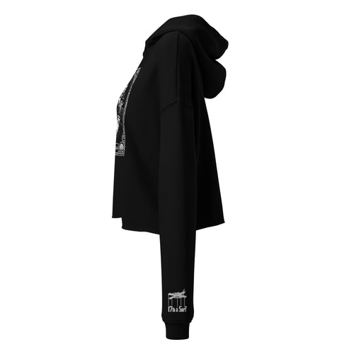 "Clam's Casino" cropped hoodie in black, side view, showing the large front "CLAMS CASINO" poker scene graphic and the small "17th & Surf" skeletal puppeteer-hand logo embroidered on the sleeve cuff – Clam's Casino Series by 17th & Surf
