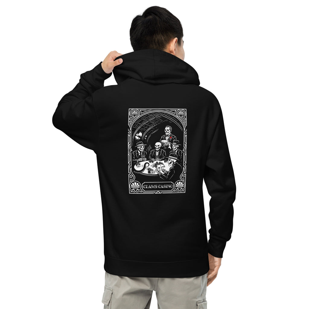 "Clam's Casino" garment-dyed heavyweight hoodie in black, back view, featuring the large art nouveau "CLAMS CASINO" poker scene with skeleton mobsters, a tuxedo-clad Don holding a catfish, and an octopus tentacle reaching across the table – Clam's Casino Series by 17th & Surf