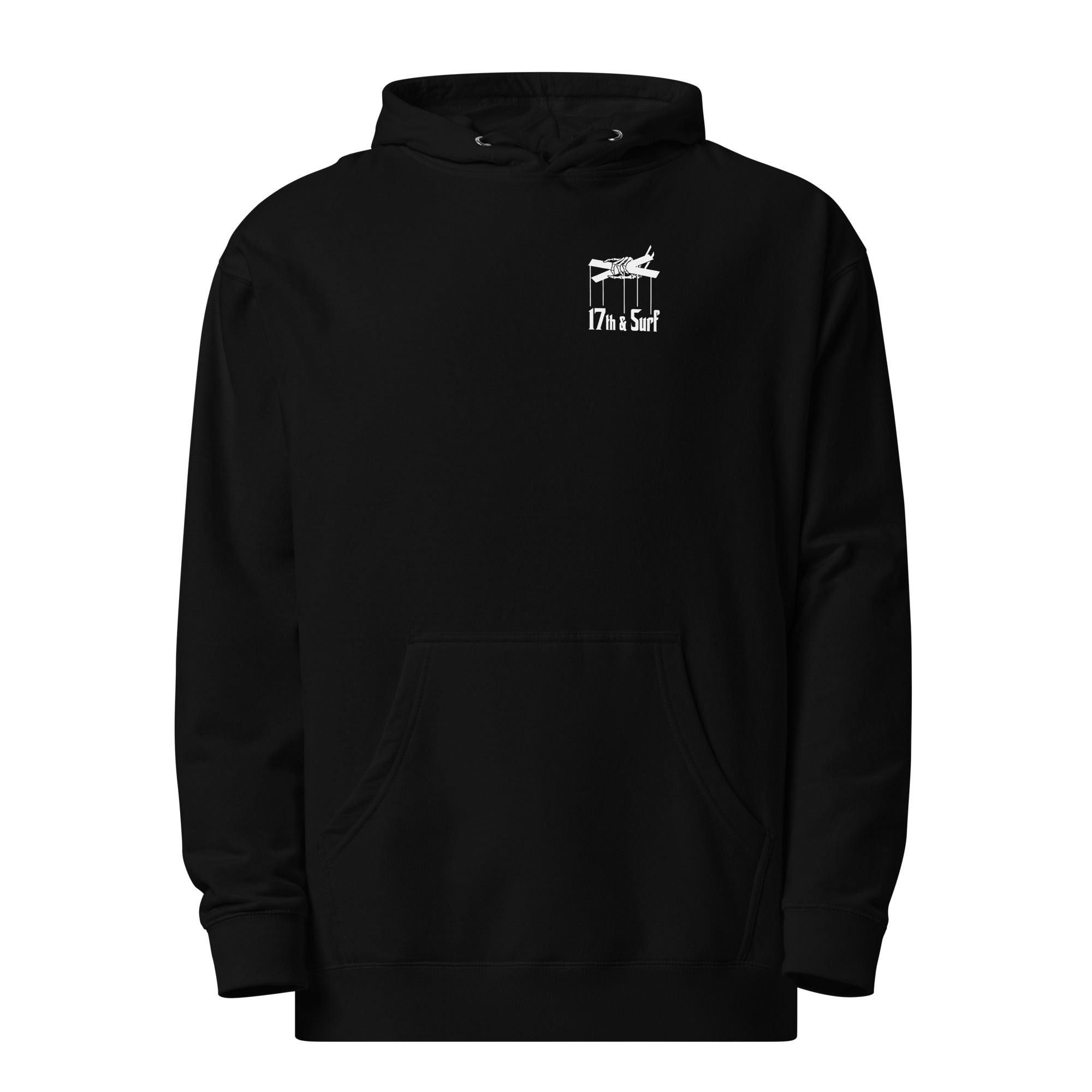 "Clam's Casino" garment-dyed heavyweight hoodie in black, front view, featuring the small "17th & Surf" skeletal puppeteer-hand logo on the chest – Clam's Casino Series by 17th & Surf