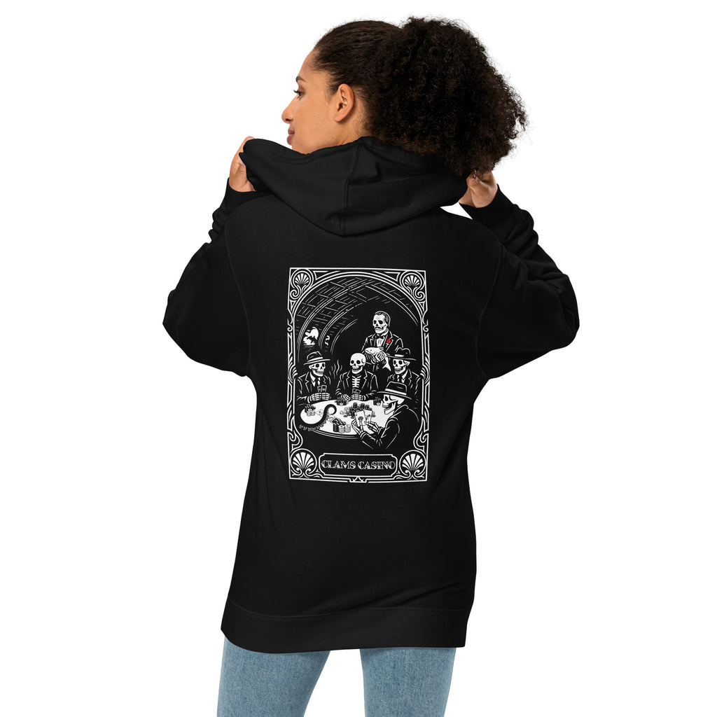 "Clam's Casino" garment-dyed heavyweight hoodie in ivory, back view, featuring the large art nouveau "CLAMS CASINO" poker scene with skeleton mobsters, a tuxedo-clad Don holding a catfish, and an octopus tentacle reaching across the table – Clam's Casino Series by 17th & Surf