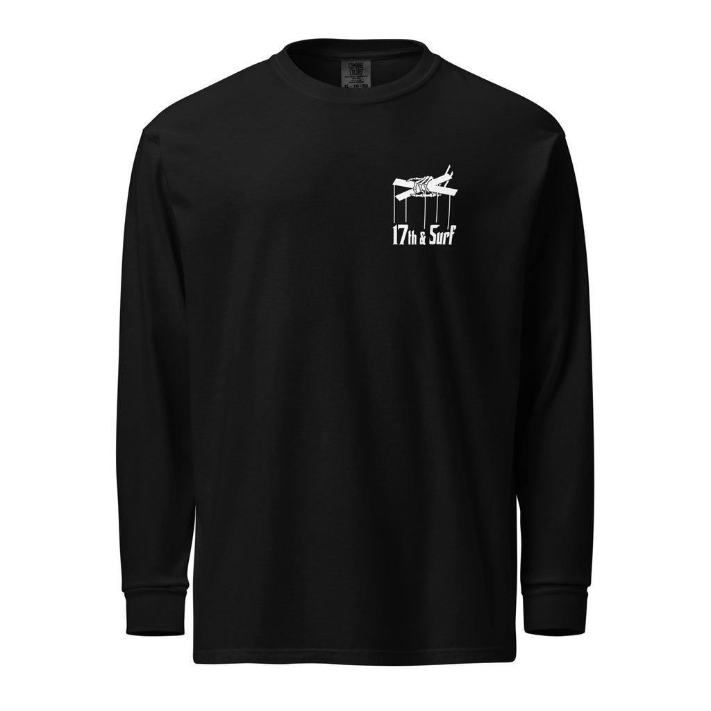"Clam's Casino" garment-dyed heavyweight long sleeve shirt in black, front view, featuring the small "17th & Surf" skeletal puppeteer-hand logo on the chest – Clam's Casino Series by 17th & Surf