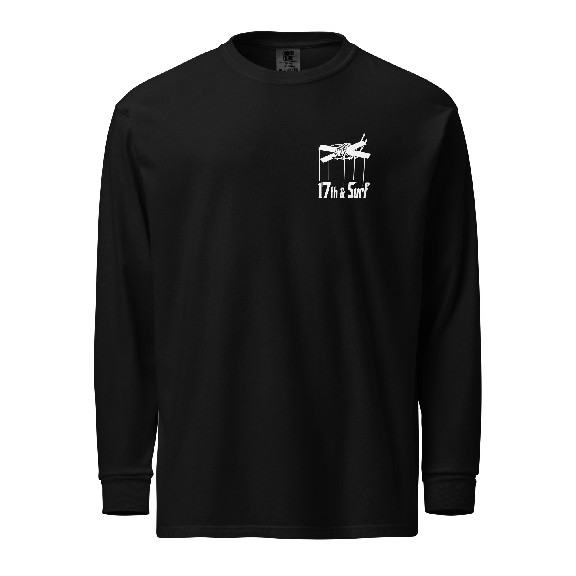 "Clam's Casino" garment-dyed heavyweight long sleeve shirt in black, front view, featuring the small "17th & Surf" skeletal puppeteer-hand logo on the chest – Clam's Casino Series by 17th & Surf