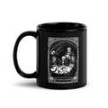 "Clams Casino" black glossy 11oz mug, handle on left, featuring the art nouveau "CLAMS CASINO" poker scene with skeleton mobsters, a tuxedo-clad Don holding a catfish, and an octopus tentacle reaching across the table – Clam's Casino Series by 17th & Surf