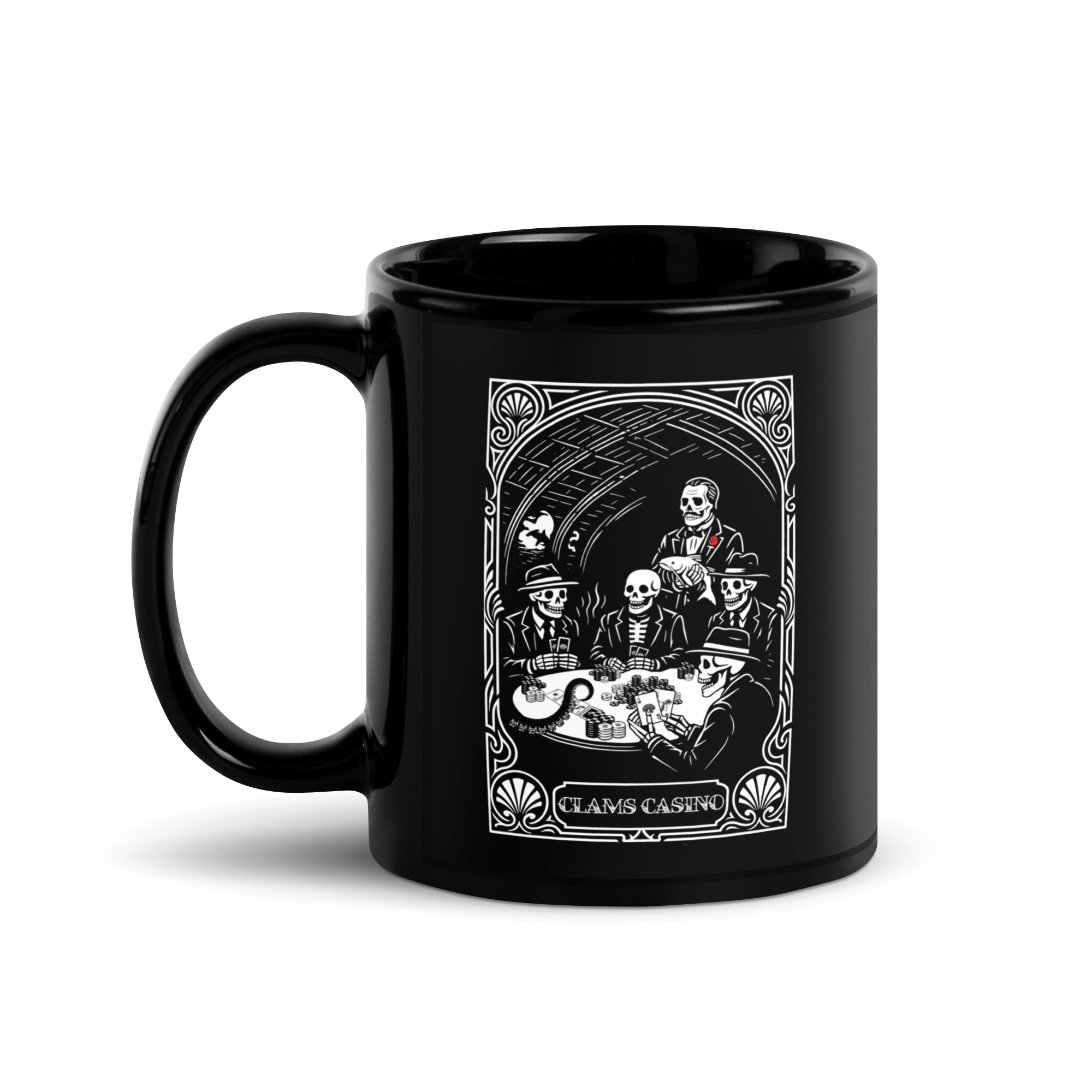 "Clams Casino" black glossy 11oz mug, handle on left, featuring the art nouveau "CLAMS CASINO" poker scene with skeleton mobsters, a tuxedo-clad Don holding a catfish, and an octopus tentacle reaching across the table – Clam's Casino Series by 17th & Surf