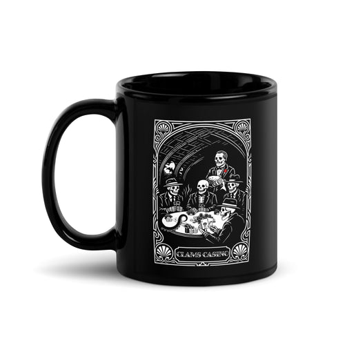 "Clams Casino" black glossy 11oz mug, handle on left, featuring the art nouveau "CLAMS CASINO" poker scene with skeleton mobsters, a tuxedo-clad Don holding a catfish, and an octopus tentacle reaching across the table – Clam's Casino Series by 17th & Surf