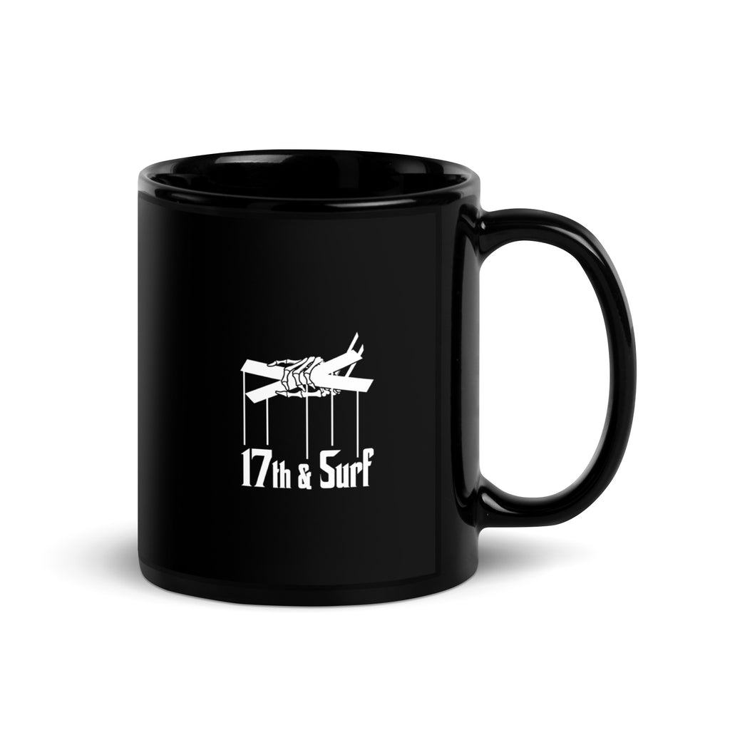 "Clams Casino" black glossy 11oz mug, handle on right, featuring the art nouveau "CLAMS CASINO" poker scene with skeleton mobsters, a tuxedo-clad Don holding a catfish, and an octopus tentacle reaching across the table – Clam's Casino Series by 17th & Surf