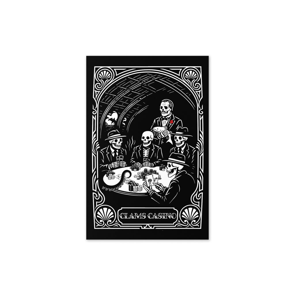 "Clam's Casino" Romantic Card, front cover, featuring the art nouveau "CLAMS CASINO" poker scene with skeleton mobsters, a tuxedo-clad Don holding a catfish, and an octopus tentacle reaching across the table – Clam's Casino Series by 17th & Surf