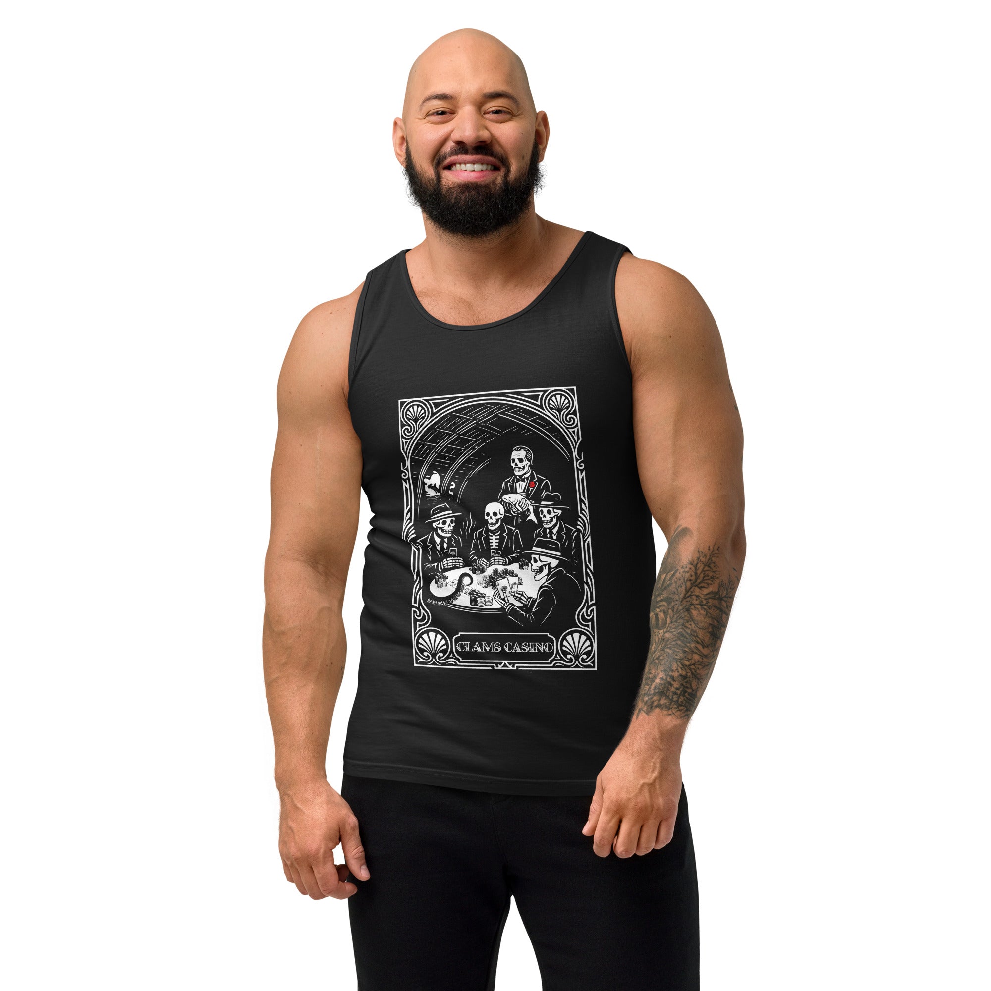 Man wearing the "Clam's Casino" tank top in black, front view, featuring the large art nouveau "CLAMS CASINO" poker scene with skeleton mobsters, a tuxedo-clad Don holding a catfish, and an octopus tentacle reaching across the table – Clam's Casino Series by 17th & Surf