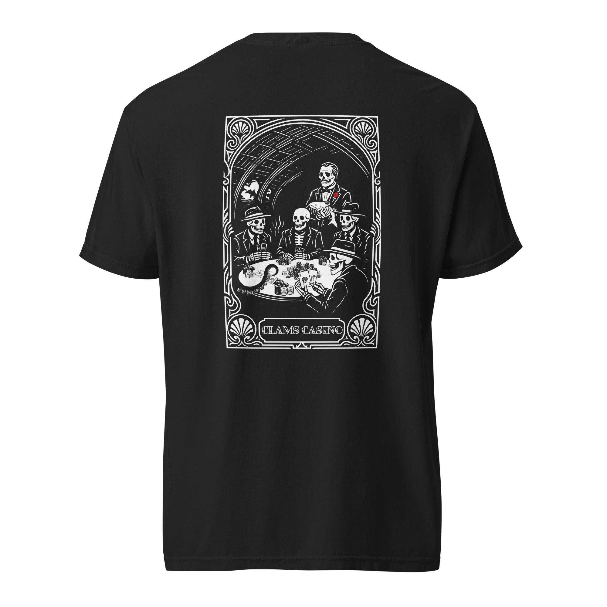 "Clams Casino" black heavyweight tee, back view, featuring the large art nouveau "CLAMS CASINO" poker scene with skeleton mobsters, a tuxedo-clad Don holding a catfish, and an octopus tentacle reaching across the table – Clam's Casino Series by 17th & Surf
