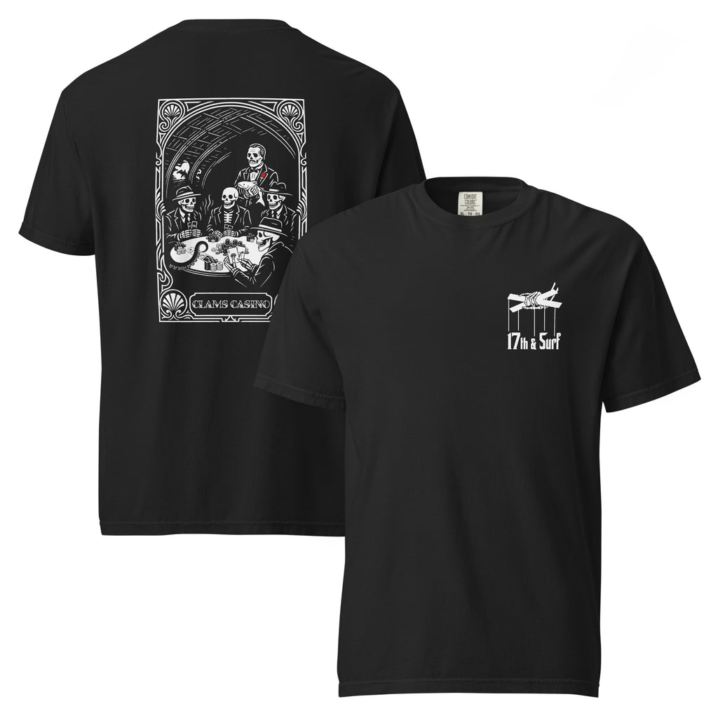 "Clams Casino" black heavyweight tee, flat lay showing both front and back – front features the small "17th & Surf" skeletal puppeteer-hand logo on the chest, back features the large art nouveau "CLAMS CASINO" poker scene with skeleton mobsters, a tuxedo-clad Don holding a catfish, and an octopus tentacle reaching across the table – Clam's Casino Series by 17th & Surf