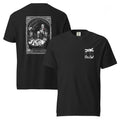 "Clams Casino" black heavyweight tee, flat lay showing both front and back – front features the small "17th & Surf" skeletal puppeteer-hand logo on the chest, back features the large art nouveau "CLAMS CASINO" poker scene with skeleton mobsters, a tuxedo-clad Don holding a catfish, and an octopus tentacle reaching across the table – Clam's Casino Series by 17th & Surf