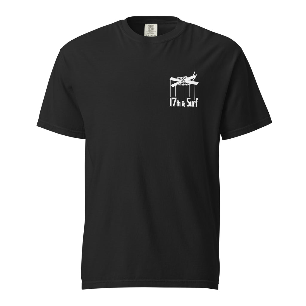 "Clams Casino" black heavyweight tee, front view, featuring the small "17th & Surf" skeletal puppeteer-hand logo on the chest – Clam's Casino Series by 17th & Surf
