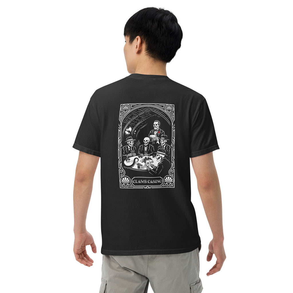 Man wearing the "Clams Casino" black heavyweight tee, back view, featuring the large art nouveau "CLAMS CASINO" poker scene with skeleton mobsters, a tuxedo-clad Don holding a catfish, and an octopus tentacle reaching across the table – Clam's Casino Series by 17th & Surf