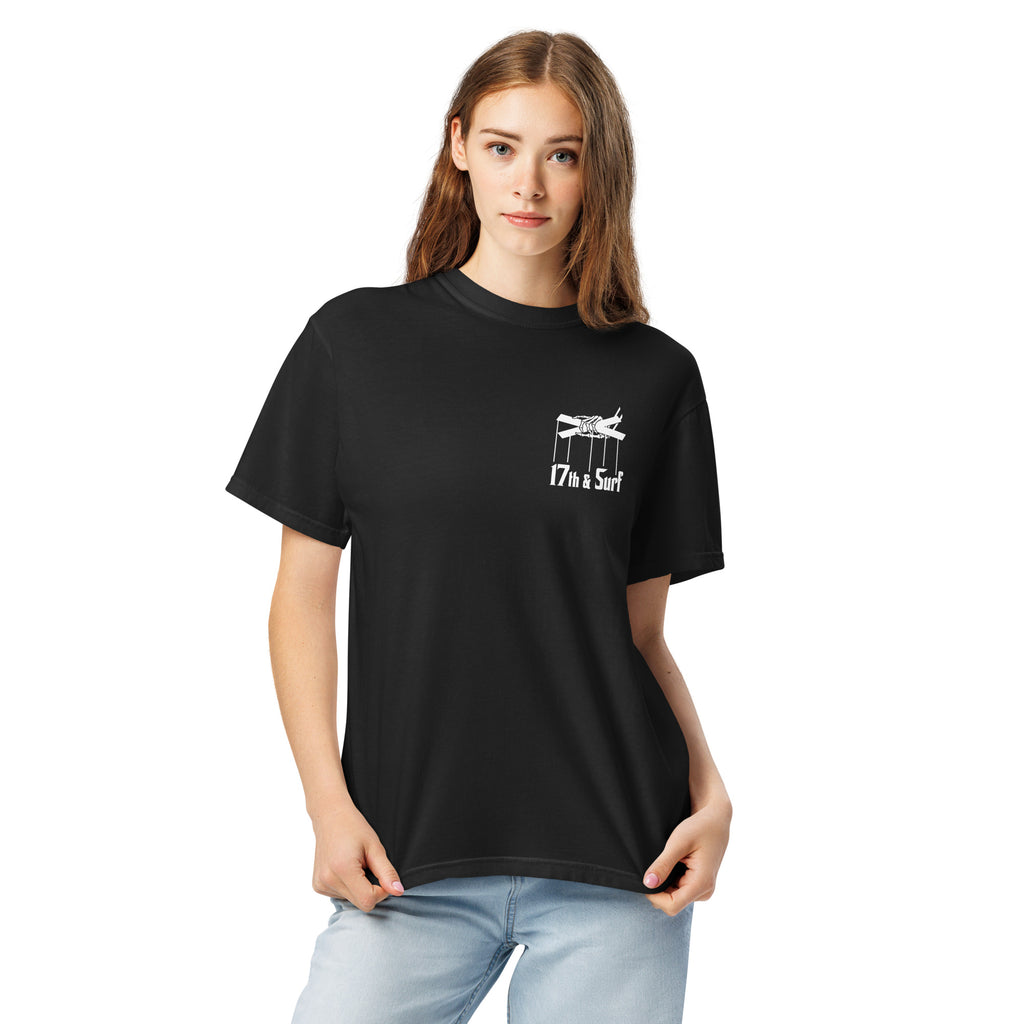 Woman wearing the "Clams Casino" ivory heavyweight tee, front view, featuring the small "17th & Surf" skeletal puppeteer-hand logo on the chest – Clam's Casino Series by 17th & Surf
