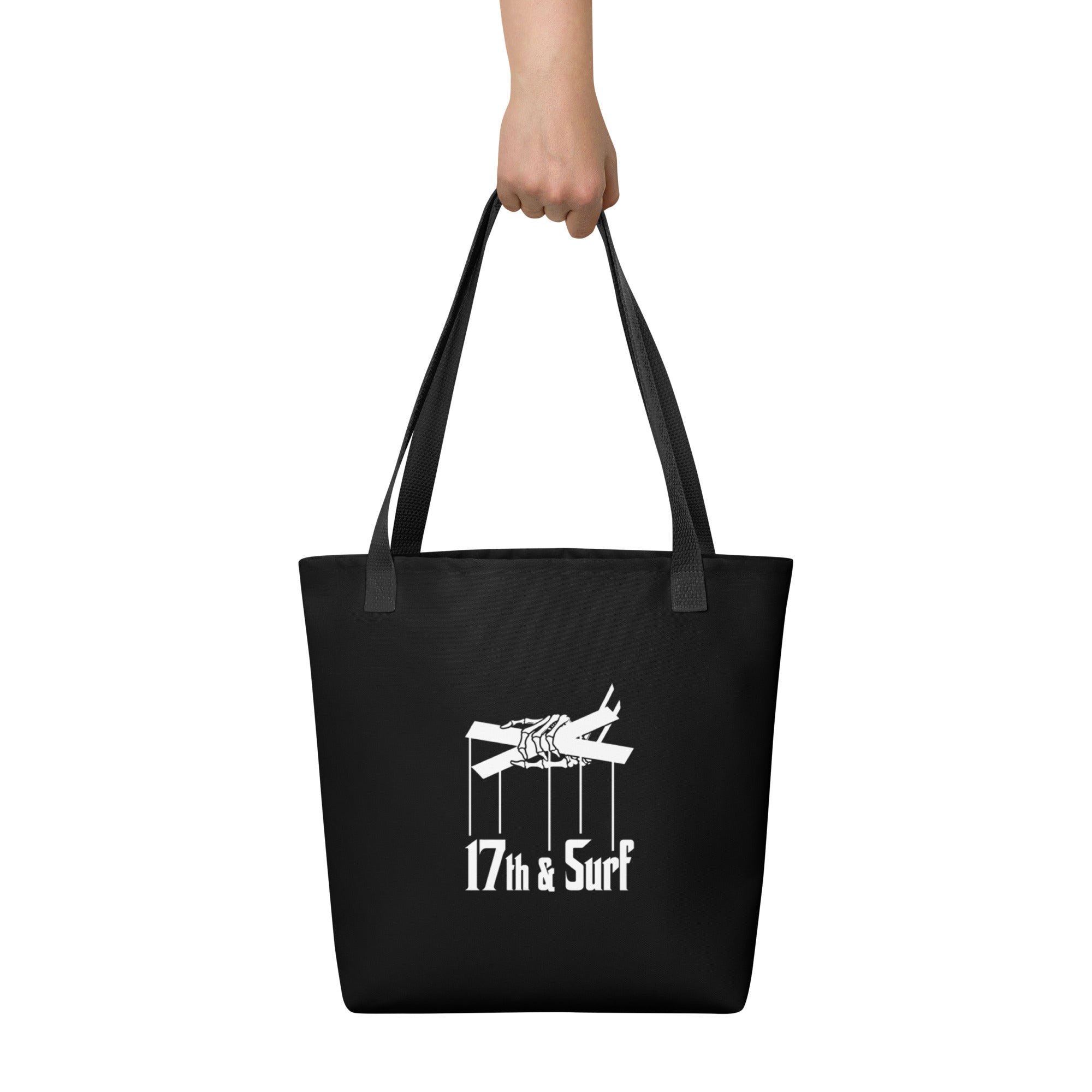 "Clams Casino" black canvas tote bag, back view, featuring the small "17th & Surf" skeletal puppeteer-hand logo – Clam's Casino Series by 17th & Surf