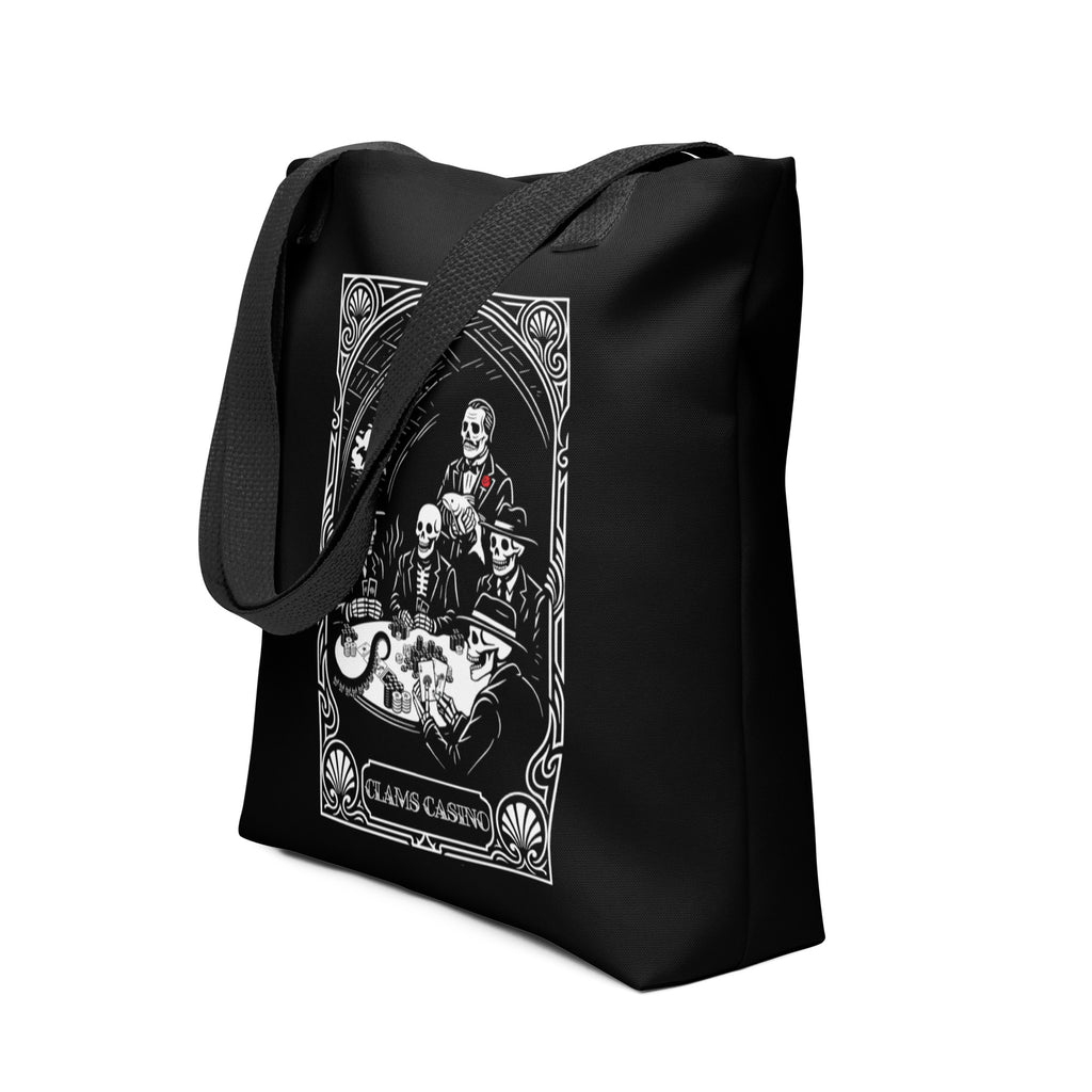 "Clams Casino" black canvas tote bag, front view, featuring the large art nouveau "CLAMS CASINO" poker scene with skeleton mobsters, a tuxedo-clad Don holding a catfish, and an octopus tentacle reaching across the table – Clam's Casino Series by 17th & Surf