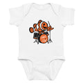 Orange clownfish playing a drum set with the "17th & Surf" logo on the bass drum, printed on a white baby short sleeve onesie – flat lay front view – 17th & Surf