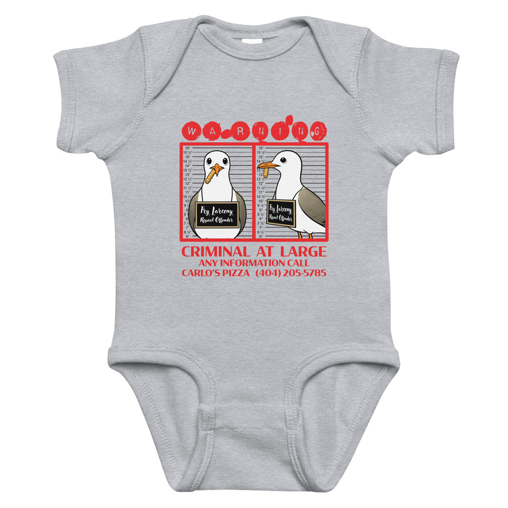 "Criminal At Large" heather grey baby short sleeve onesie, flat lay, featuring seagull "WARNING" mugshot graphic with "Fry Larceny, Repeat Offender" police lineup – 17th & Surf x Carlo's Pizza