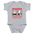 "Criminal At Large" heather grey baby short sleeve onesie, flat lay, featuring seagull "WARNING" mugshot graphic with "Fry Larceny, Repeat Offender" police lineup – 17th & Surf x Carlo's Pizza