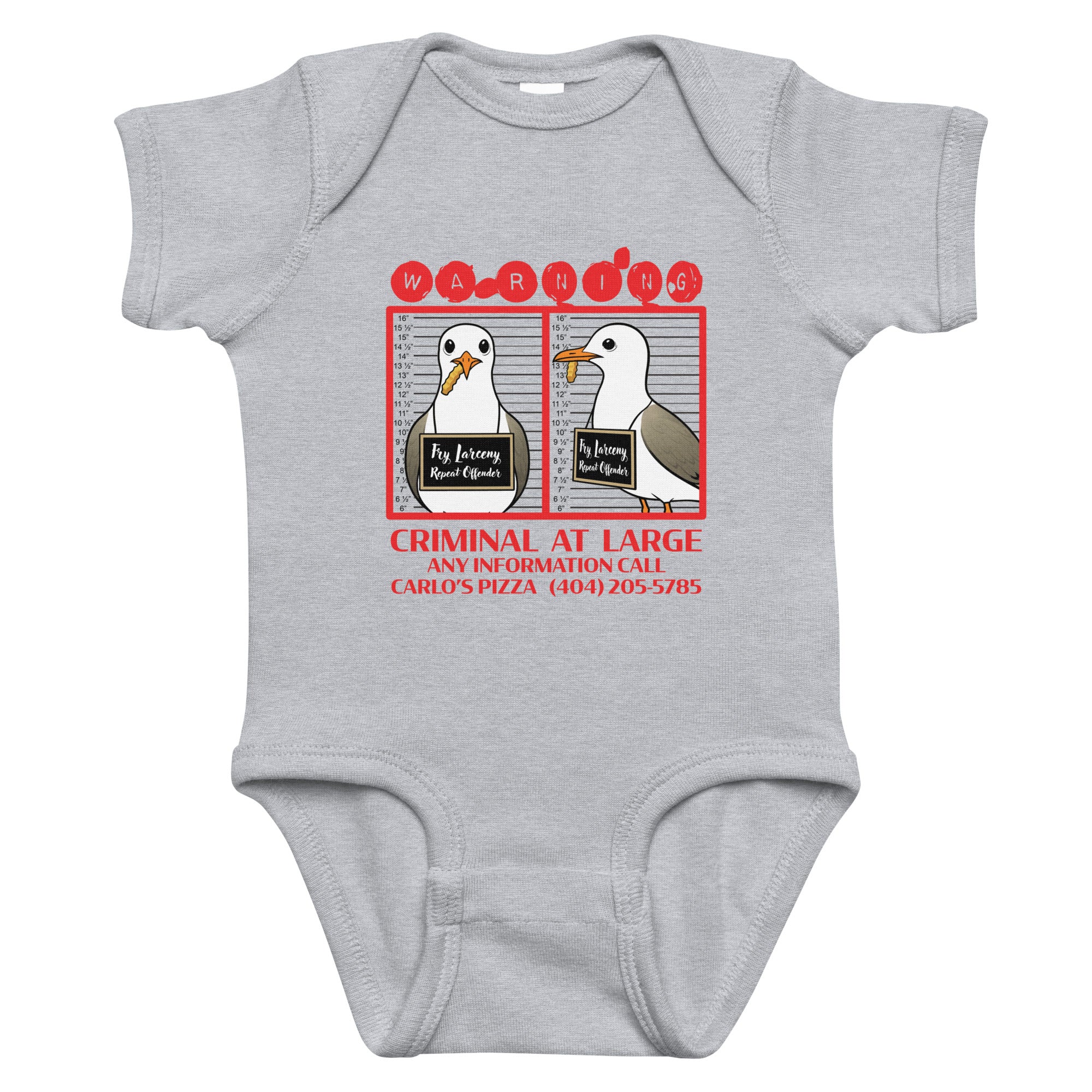 "Criminal At Large" heather grey baby short sleeve onesie, flat lay, featuring seagull "WARNING" mugshot graphic with "Fry Larceny, Repeat Offender" police lineup – 17th & Surf x Carlo's Pizza