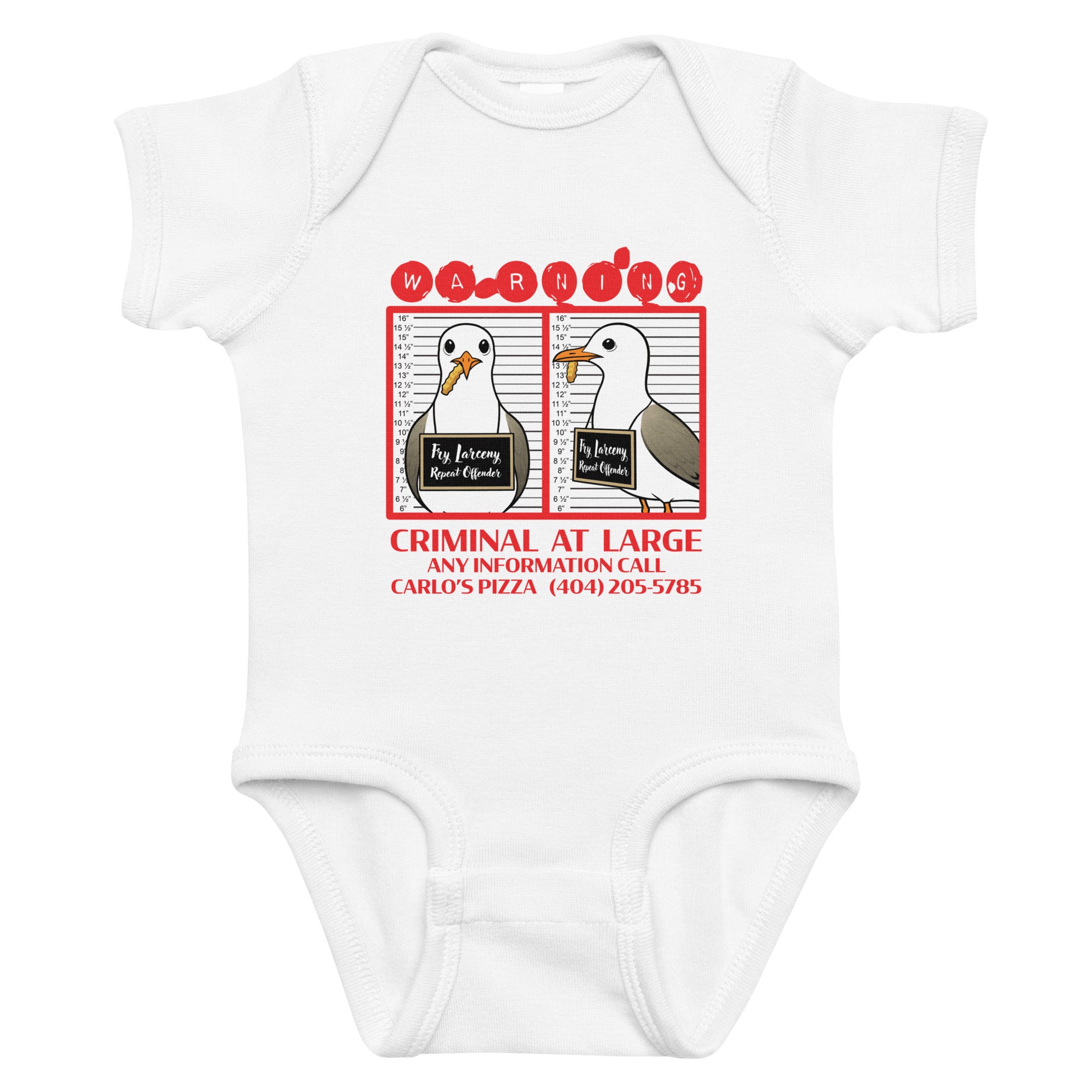 "Criminal At Large" white baby short sleeve onesie, flat lay, featuring seagull "WARNING" mugshot graphic with "Fry Larceny, Repeat Offender" police lineup – 17th & Surf x Carlo's Pizza