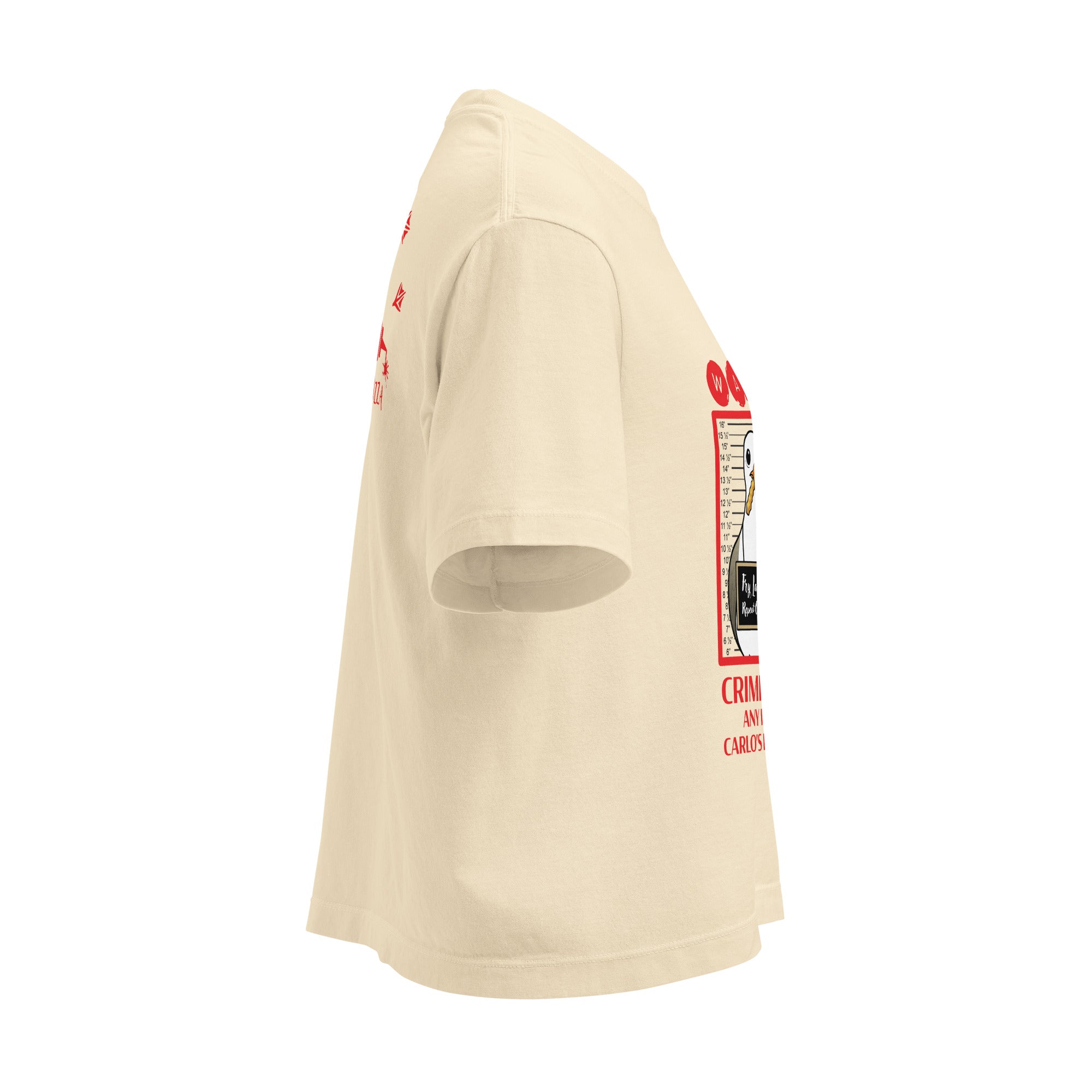 "Criminal At Large" ivory women's heavyweight boxy tee, right side angle view, featuring seagull "WARNING" mugshot graphic with "Fry Larceny, Repeat Offender" police lineup – 17th & Surf x Carlo's Pizza