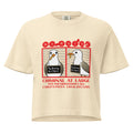 "Criminal At Large" ivory women's heavyweight boxy tee, front flat lay, featuring seagull "WARNING" mugshot graphic with "Fry Larceny, Repeat Offender" police lineup – 17th & Surf x Carlo's Pizza