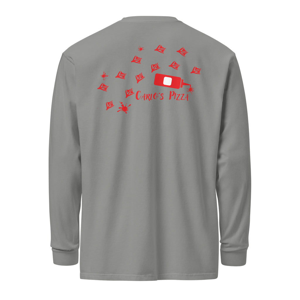 "Criminal At Large" heather grey long sleeve tee, back flat lay, featuring red seagull footprint trail and Carlo's Pizza ketchup bottle design – 17th & Surf x Carlo's Pizza