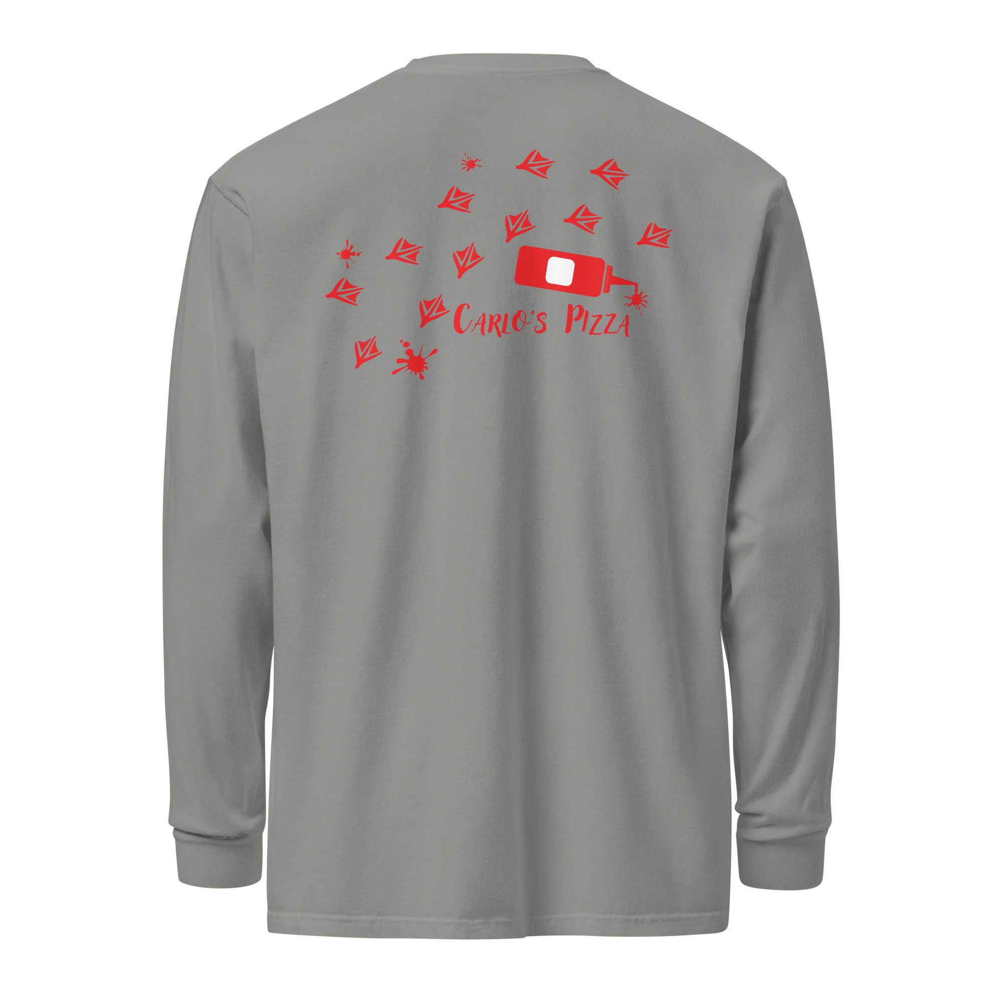 "Criminal At Large" heather grey long sleeve tee, back flat lay, featuring red seagull footprint trail and Carlo's Pizza ketchup bottle design – 17th & Surf x Carlo's Pizza