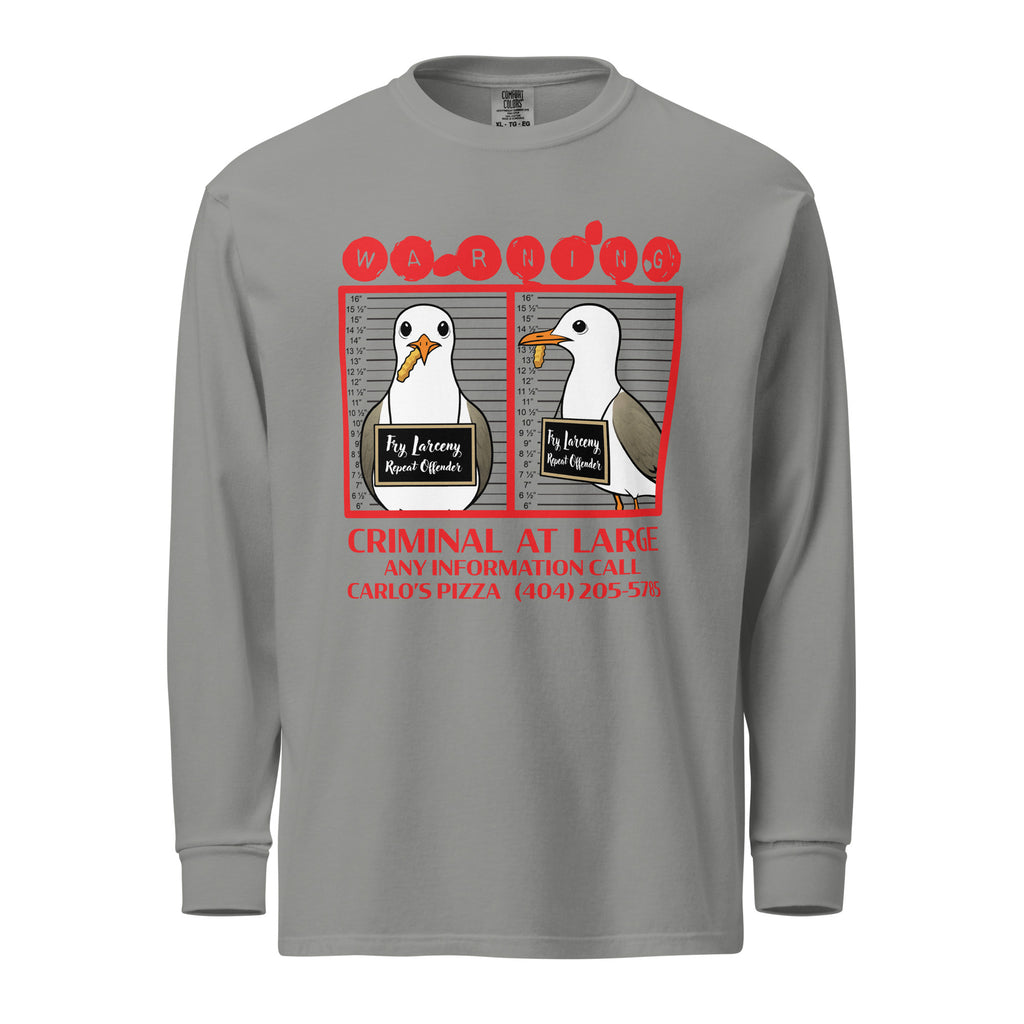 "Criminal At Large" heather grey long sleeve tee, front flat lay, featuring seagull "WARNING" mugshot graphic with "Fry Larceny, Repeat Offender" police lineup – 17th & Surf x Carlo's Pizza