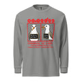 "Criminal At Large" heather grey long sleeve tee, front flat lay, featuring seagull "WARNING" mugshot graphic with "Fry Larceny, Repeat Offender" police lineup – 17th & Surf x Carlo's Pizza